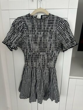 Smocked Gingham Short Sleeve Dress - Black/White